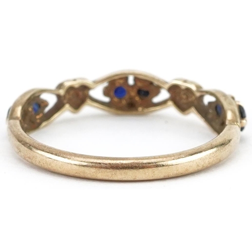 2481 - 9ct gold diamond and sapphire pierced love heart half eternity ring, size M, 1.3g