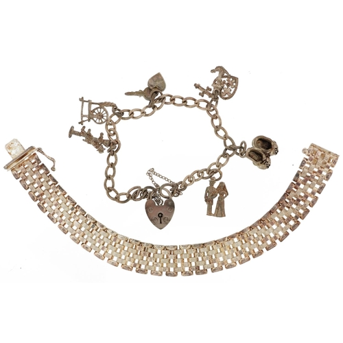 2540 - Silver charm bracelet with charms and a silver mesh link bracelet, the largest 18cm in length, total... 