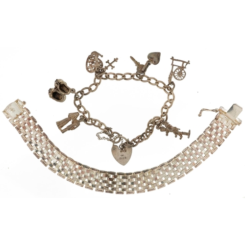 2540 - Silver charm bracelet with charms and a silver mesh link bracelet, the largest 18cm in length, total... 