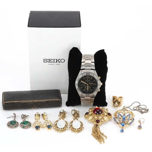 2792 - Vintage and later costume jewellery including jewelled brooches and earrings and a Seiko Titanium wr... 