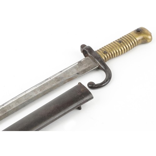 664 - French military interest St Etienne pattern bayonet with scabbard, 71.5cm in length