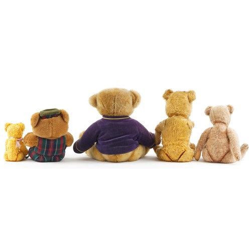 1613 - Five vintage and later teddy bears comprising three with jointed limbs and two Harrods examples, the... 