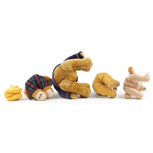 1613 - Five vintage and later teddy bears comprising three with jointed limbs and two Harrods examples, the... 