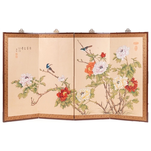 425 - Chinese four fold silk screen hand painted with birds amongst flowers, signed with calligraphy and r... 