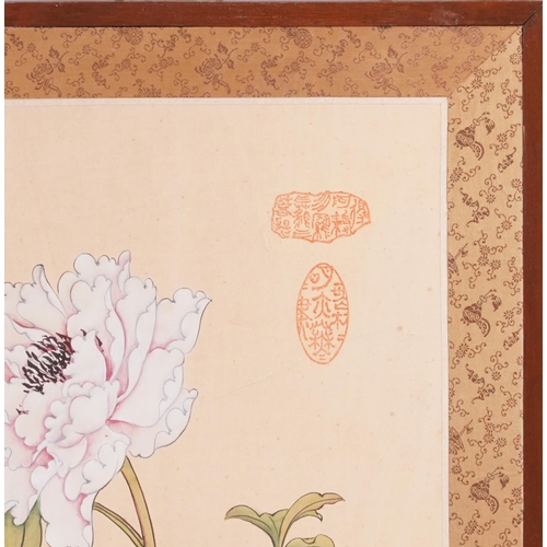 425 - Chinese four fold silk screen hand painted with birds amongst flowers, signed with calligraphy and r... 