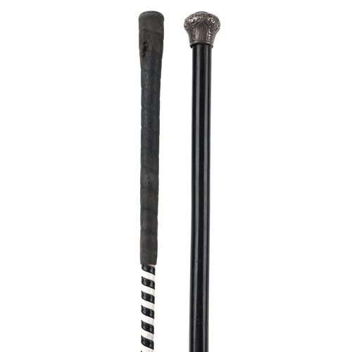 1395 - Ebonised walking stick with silver pommel and enamel cabochon together with a leather riding crop, t... 