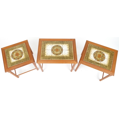 1011 - Nest of three mid century Danish teak occasional tables with inset tiled tops, the largest 48cm H x ... 