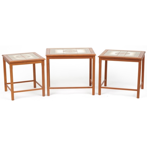 1011 - Nest of three mid century Danish teak occasional tables with inset tiled tops, the largest 48cm H x ... 