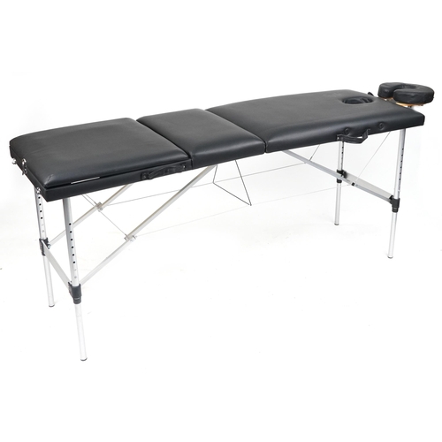 1047 - Folding aluminium and black leatherette massage table with protective bag, 83cm H x 184cm W x 59cm D... 