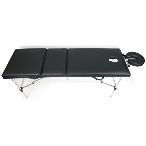 1047 - Folding aluminium and black leatherette massage table with protective bag, 83cm H x 184cm W x 59cm D... 