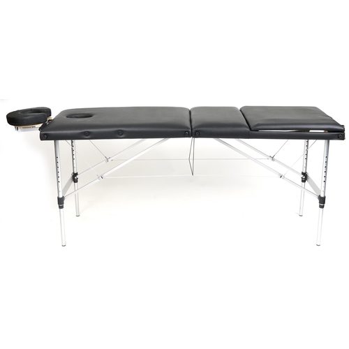 1047 - Folding aluminium and black leatherette massage table with protective bag, 83cm H x 184cm W x 59cm D... 