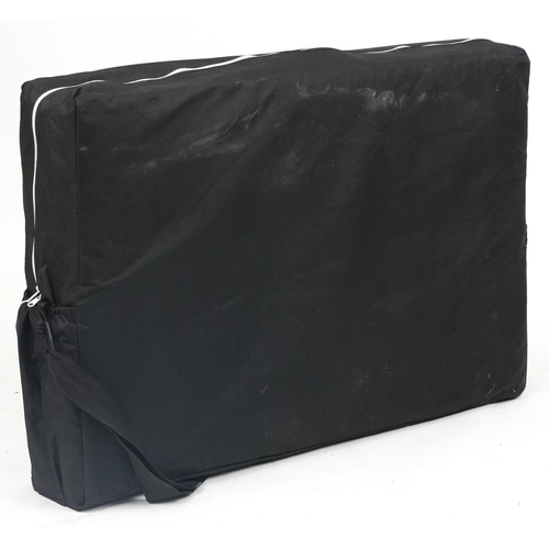 1047 - Folding aluminium and black leatherette massage table with protective bag, 83cm H x 184cm W x 59cm D... 