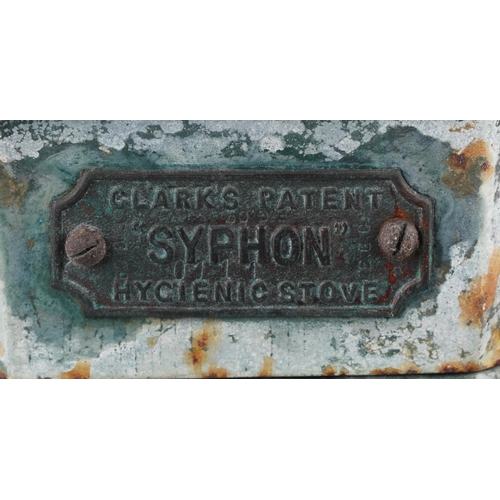 581A - Victorian cast iron green enamelled Clark's patent Syphon Hygienic stove, 119 H x 64 W x 36 D