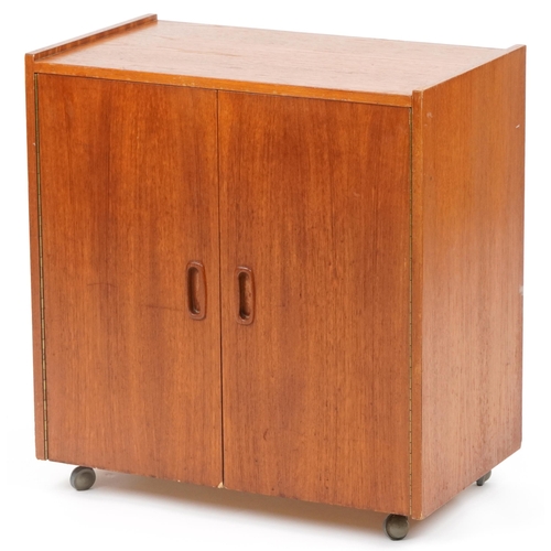 1021 - Mid century teak two door side cupboard with fitted interior, 65cm H x 61cm W x 36cm D