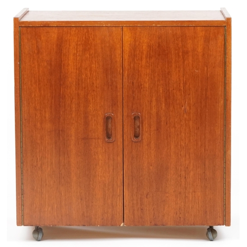 1021 - Mid century teak two door side cupboard with fitted interior, 65cm H x 61cm W x 36cm D