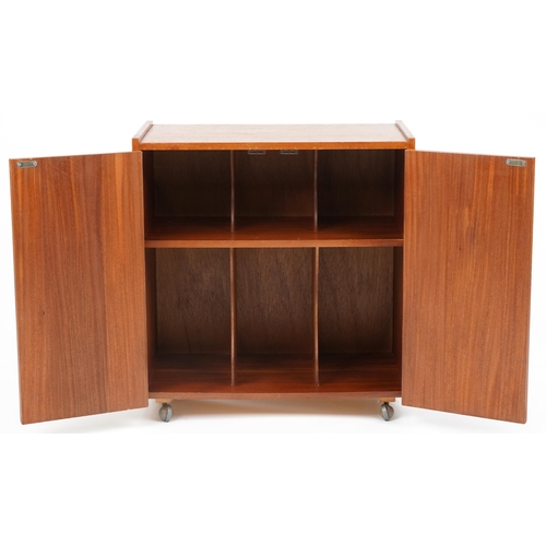 1021 - Mid century teak two door side cupboard with fitted interior, 65cm H x 61cm W x 36cm D