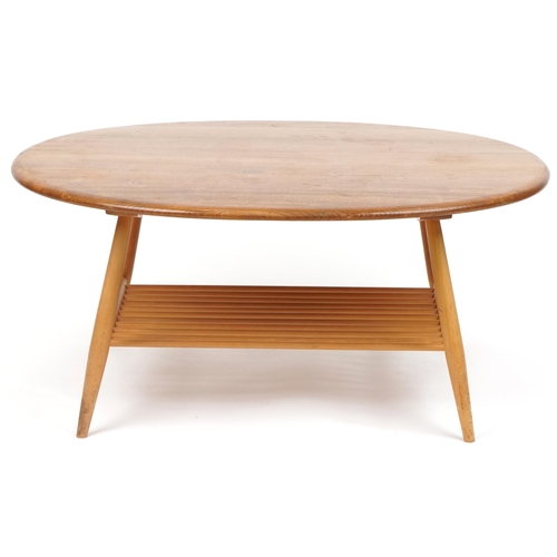 1001 - Ercol light elm coffee table with oval top, 44cm H x 99cm W x 82cm D