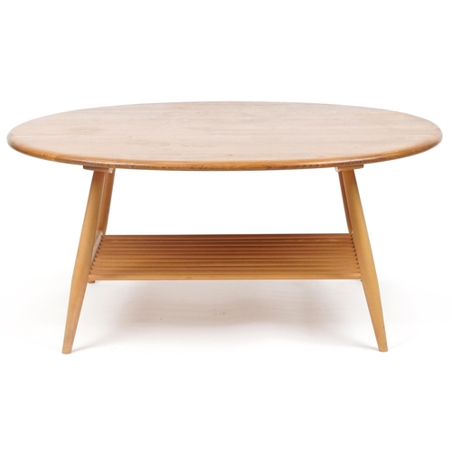 1001 - Ercol light elm coffee table with oval top, 44cm H x 99cm W x 82cm D