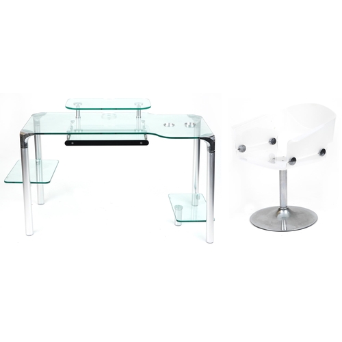 1058 - Contemporary glass computer desk with chair, the desk with chrome plated mounts and legs, 71cm H x 1... 