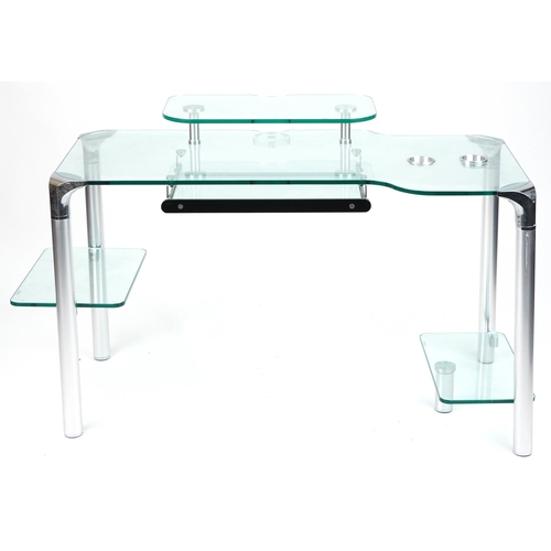 1058 - Contemporary glass computer desk with chair, the desk with chrome plated mounts and legs, 71cm H x 1... 