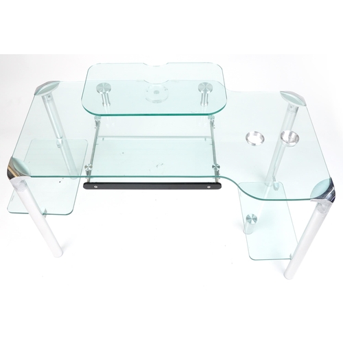 1058 - Contemporary glass computer desk with chair, the desk with chrome plated mounts and legs, 71cm H x 1... 