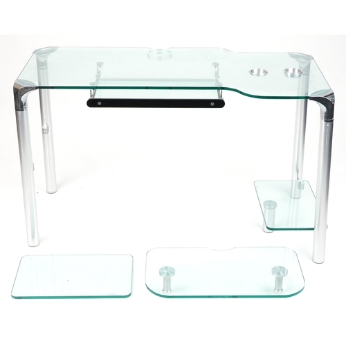 1058 - Contemporary glass computer desk with chair, the desk with chrome plated mounts and legs, 71cm H x 1... 