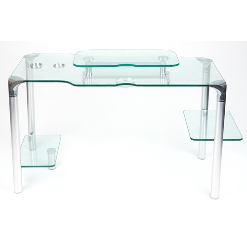 1058 - Contemporary glass computer desk with chair, the desk with chrome plated mounts and legs, 71cm H x 1... 