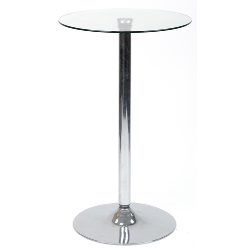 1007 - Contemporary chrome breakfast table with circular glass top and pair of adjustable stools with brown... 