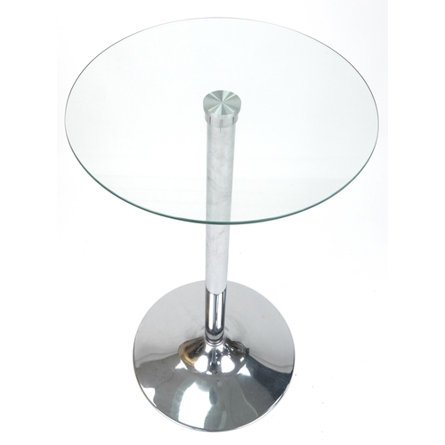 1007 - Contemporary chrome breakfast table with circular glass top and pair of adjustable stools with brown... 