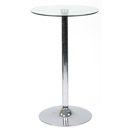 1007 - Contemporary chrome breakfast table with circular glass top and pair of adjustable stools with brown... 