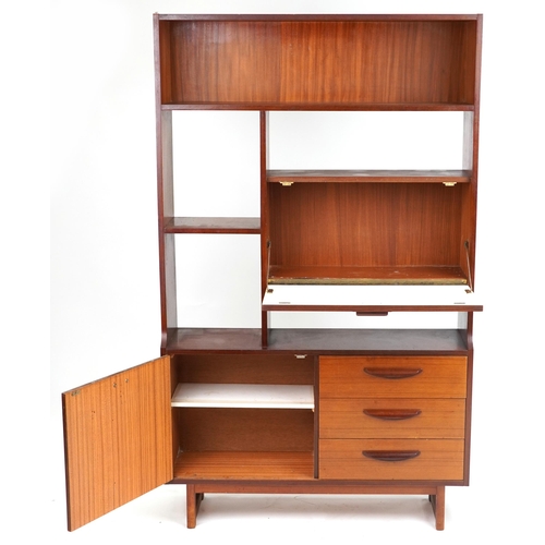 1020 - Mid century Stonehill teak room divider fitted with an arrangement of cupboards and drawers, 177cm H... 