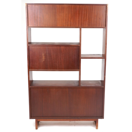 1020 - Mid century Stonehill teak room divider fitted with an arrangement of cupboards and drawers, 177cm H... 