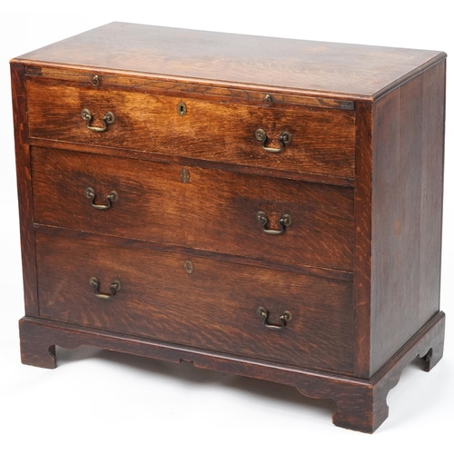Georgian mahogany three drawer chest with brushing slide on bracket feet, 81cm H x 93.5cm W x 50cm D