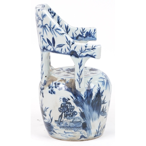 1076 - Chinese blue and white porcelain garden seat hand painted with flowers, 65cm high