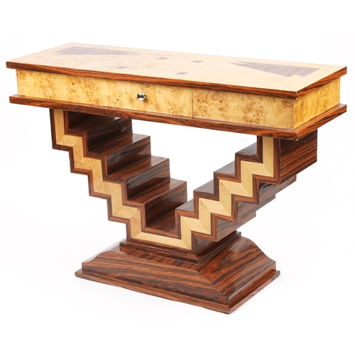 1018 - Art Deco style walnut and rosewood effect console table with frieze drawer, 84cm H x 120cm W x 40cm ... 