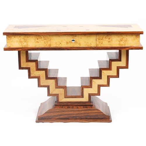 1018 - Art Deco style walnut and rosewood effect console table with frieze drawer, 84cm H x 120cm W x 40cm ... 