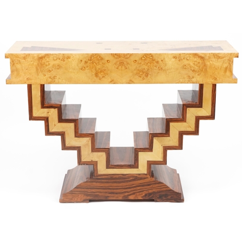 1018 - Art Deco style walnut and rosewood effect console table with frieze drawer, 84cm H x 120cm W x 40cm ... 