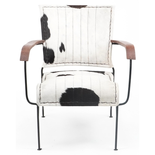 1078 - Brutalist style wrought iron and cow hide armchair, 75cm high