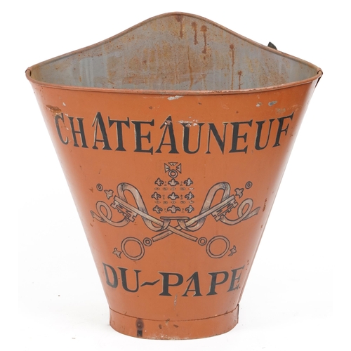 1074 - Chateauneuf du Pape painted tin advertising grape pickers hod/bucket, 62cm high