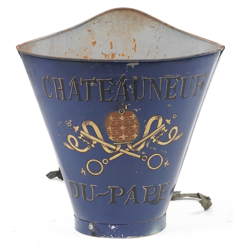 1056 - Chateauneuf du Pape painted tin advertising grape pickers hod/bucket, 62cm high