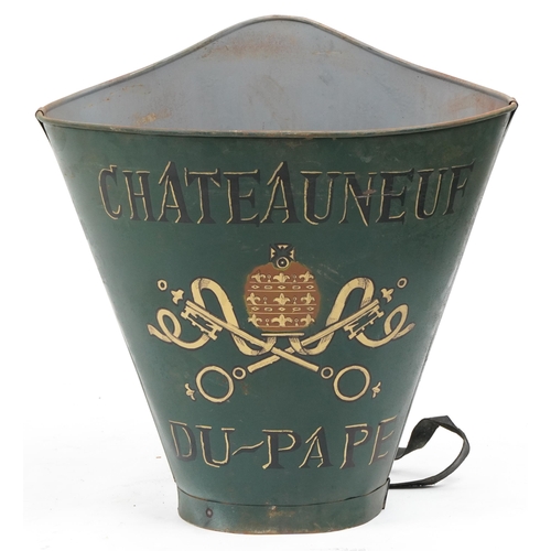 1063 - Chateauneuf du Pape painted tin advertising grape pickers hod/bucket, 62cm high