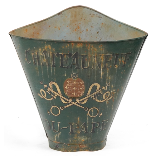 1064 - Chateauneuf du Pape painted tin advertising grape pickers hod/bucket, 62cm high