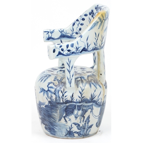 1077 - Chinese blue and white porcelain garden seat hand painted with flowers, 65cm high