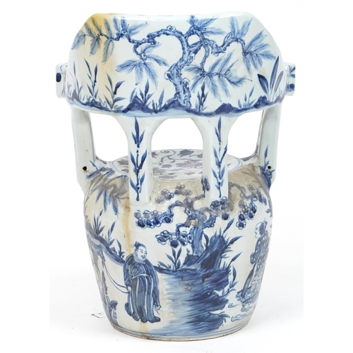 1077 - Chinese blue and white porcelain garden seat hand painted with flowers, 65cm high