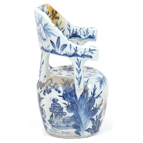 1077 - Chinese blue and white porcelain garden seat hand painted with flowers, 65cm high