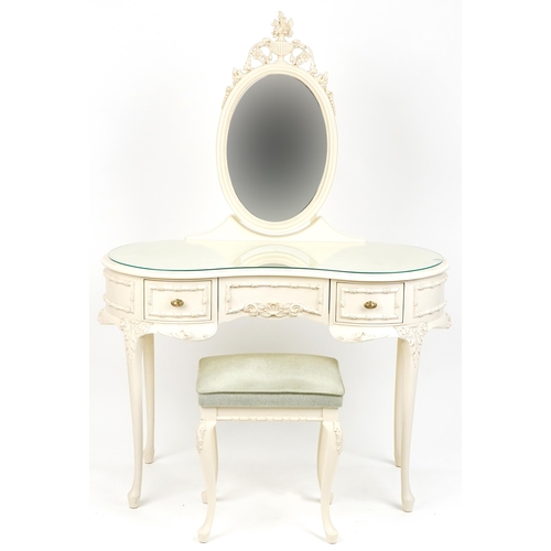 1041 - French style cream kidney shaped dressing table on cabriole legs with mirrored back and stool, fitte... 