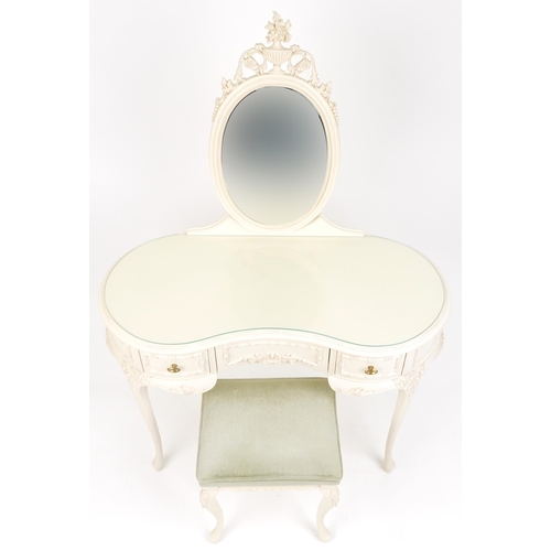 1041 - French style cream kidney shaped dressing table on cabriole legs with mirrored back and stool, fitte... 