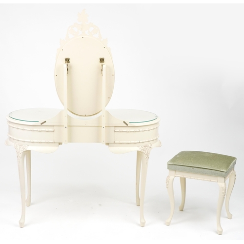 1041 - French style cream kidney shaped dressing table on cabriole legs with mirrored back and stool, fitte... 