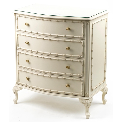 1040 - French style cream four drawer chest with serpentine front on cabriole legs, 90cm H x 78cm W x 47.5c... 