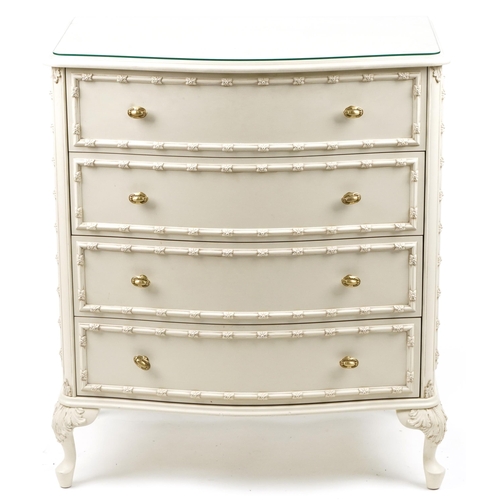 1040 - French style cream four drawer chest with serpentine front on cabriole legs, 90cm H x 78cm W x 47.5c... 